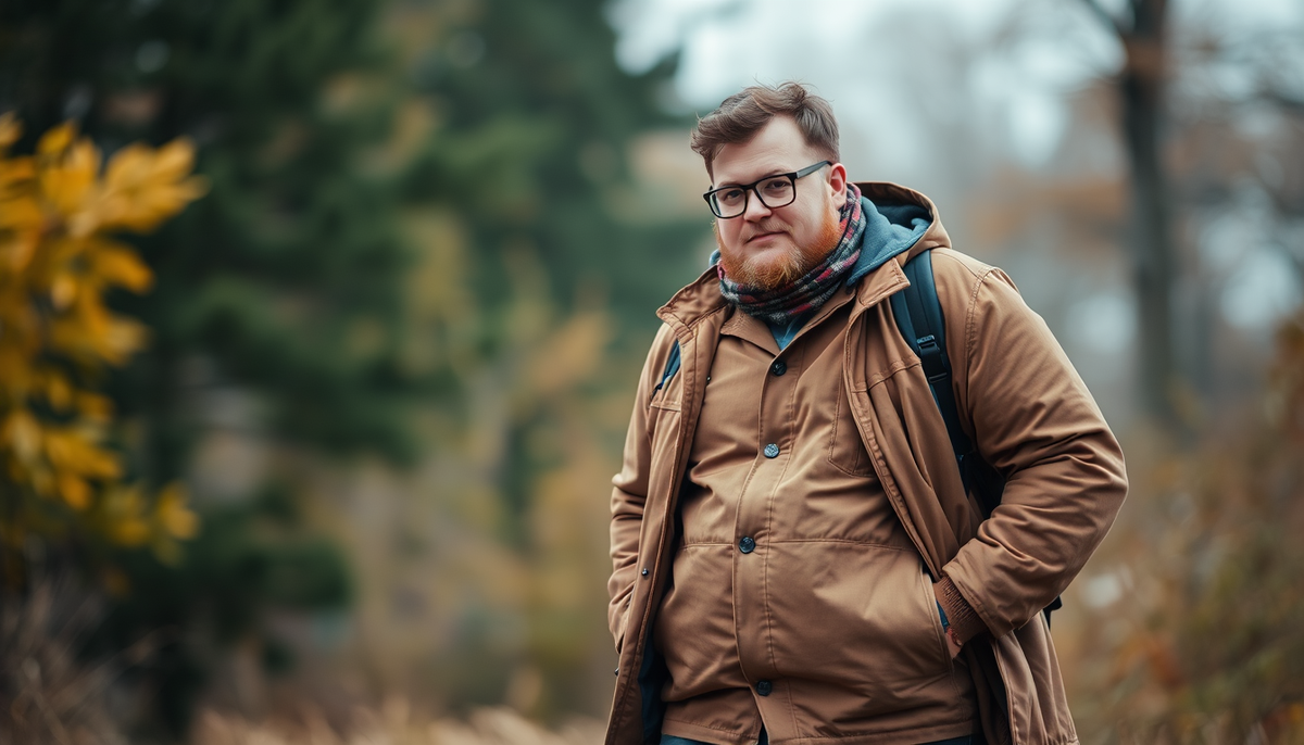 A plus-size man layering warm autumn clothing outdoors