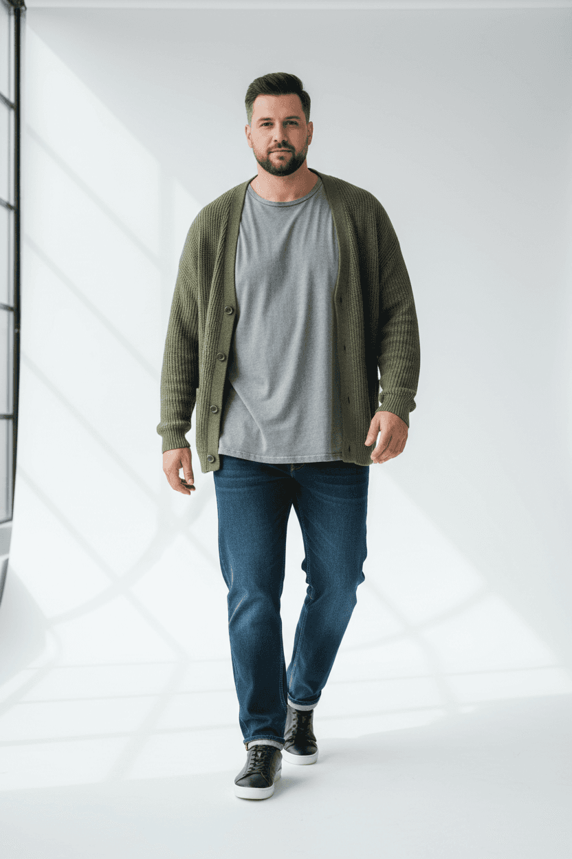 Moderner Mann trägt lässige Herrenmode Übergrößen Tipps mit Jeans, grauem Shirt und grünem Cardigan