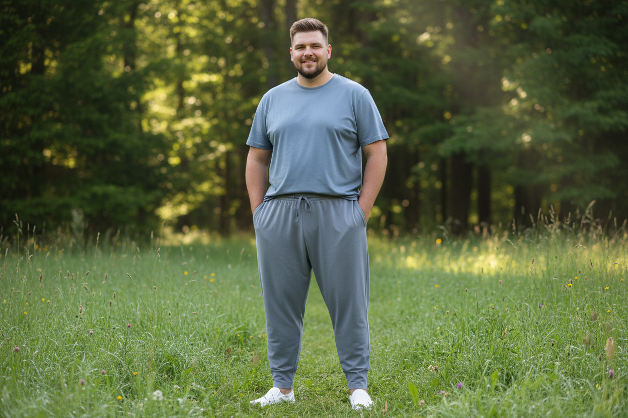 Mann trägt bequemes Outfit in der Natur um Adamo Freizeithosen Übergröße kombinieren zu zeigen