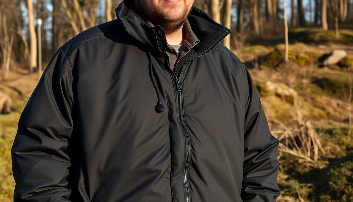 A super size person wearing a large blak softshell jacket outdoors