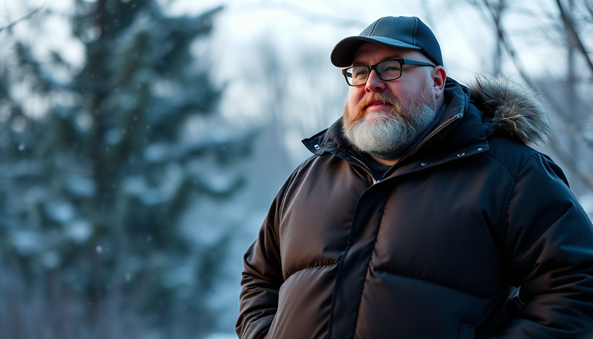 A plus-size man wearing warm winter jacket