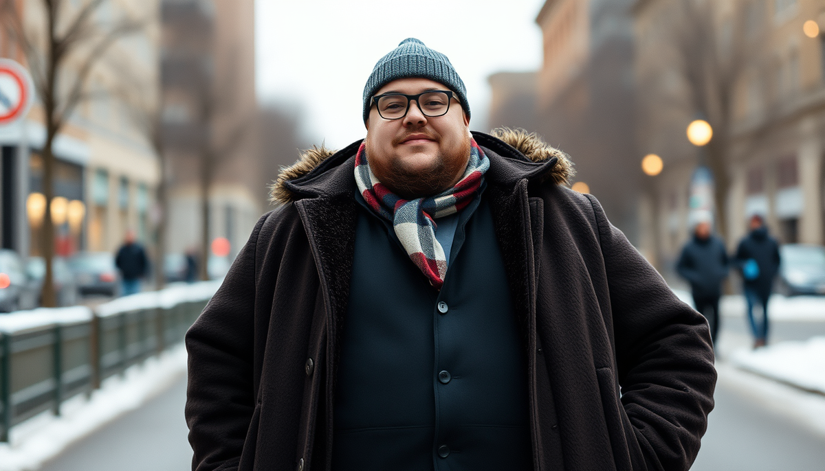 A plus-size man wearing stylish winter clothes