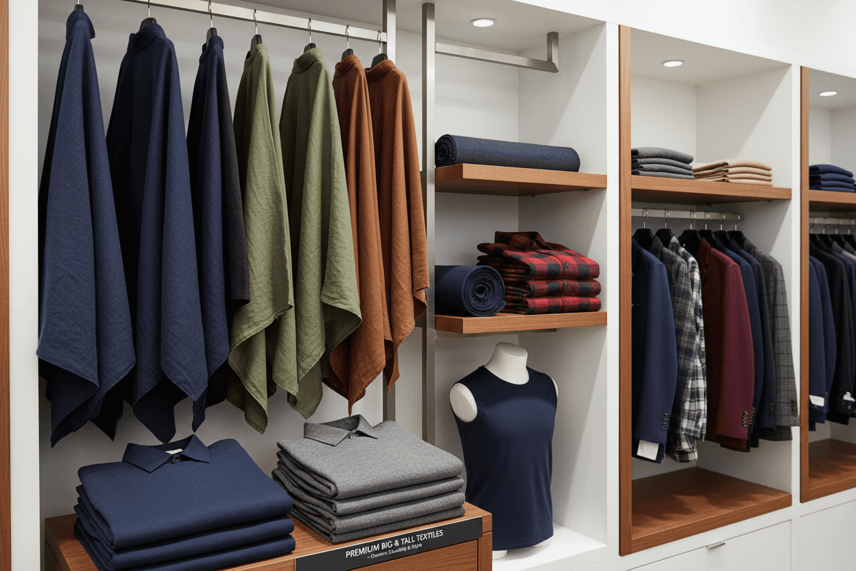 Plus Size Stoffe für Herrenmode in verschiedenen Farben und Materialien auf einem Ladendisplay