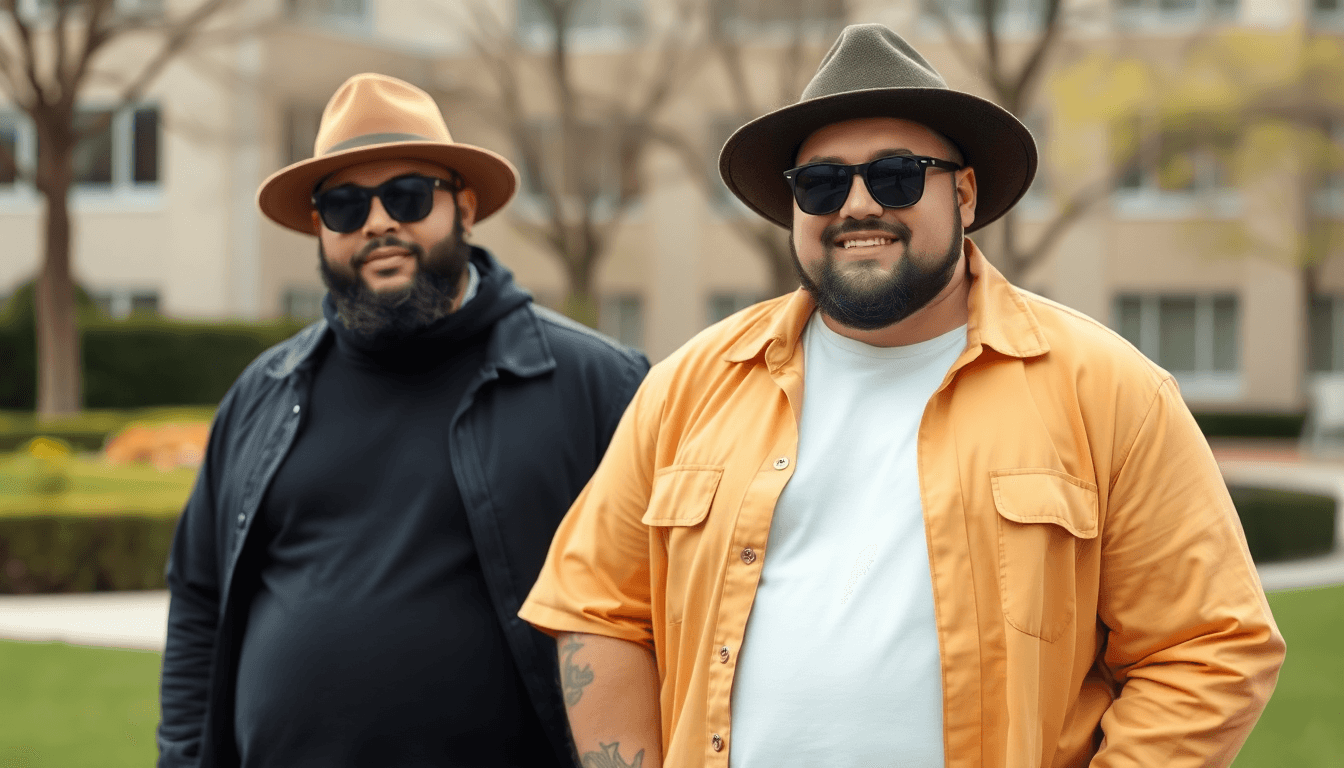 Plus size men showcasing trendy spring fashion outdoors