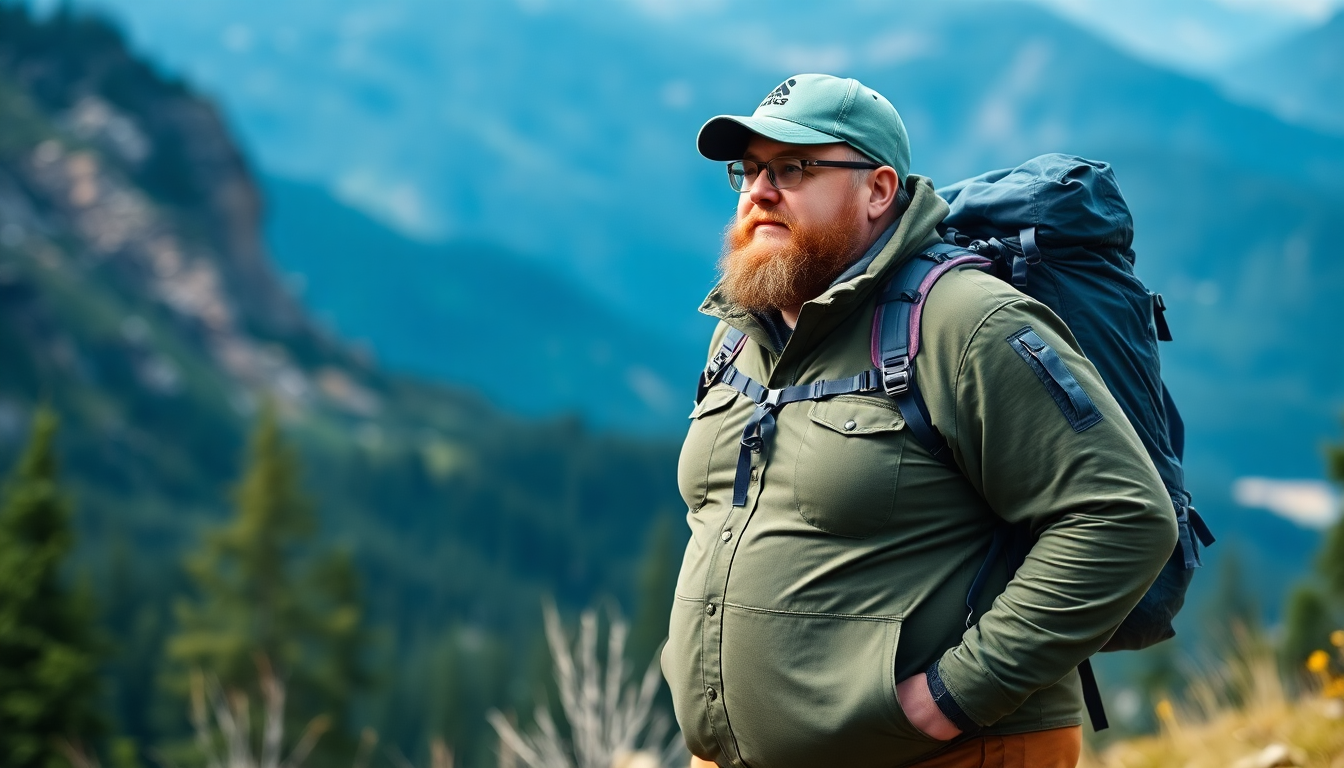 A plus-size hiker wearing functional outdoor clothing