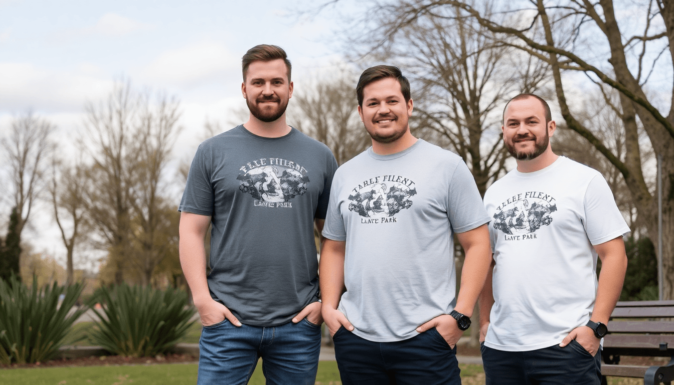 Drei Männer tragen Allsize T-Shirt mit Druck kaufen in verschiedenen Farben im Park