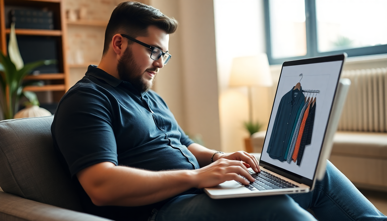A man browsing plus size clothing on laptop