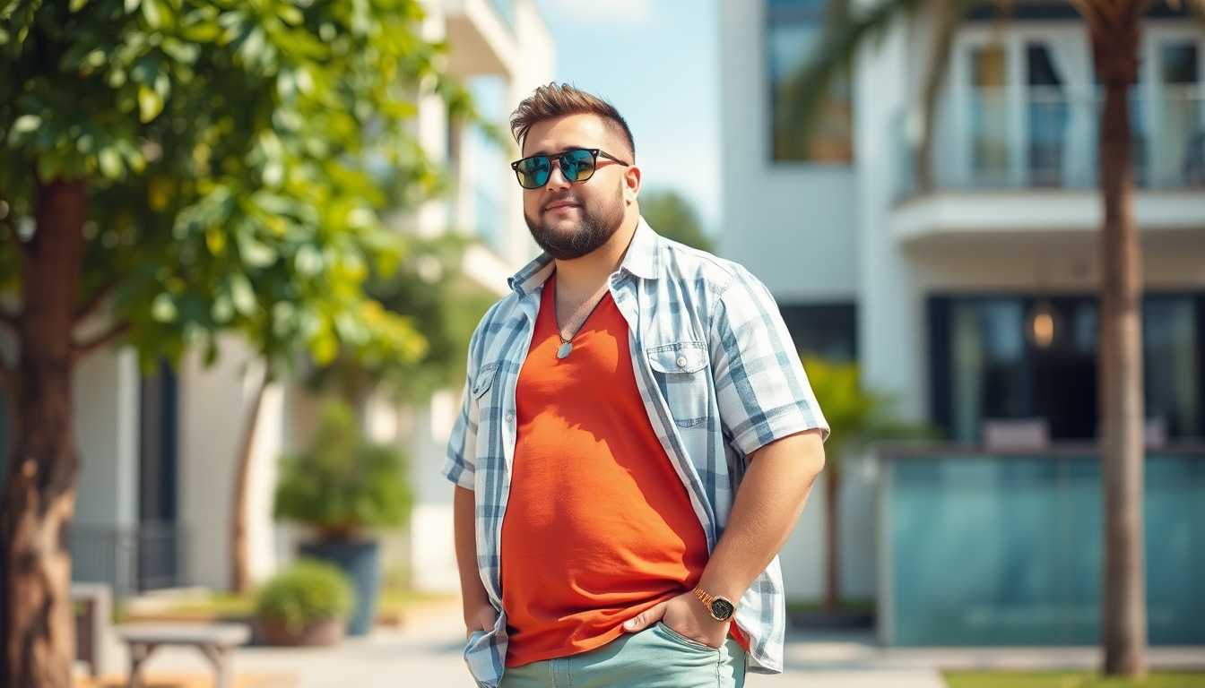 A stylish plus-size man in summer casual outfit