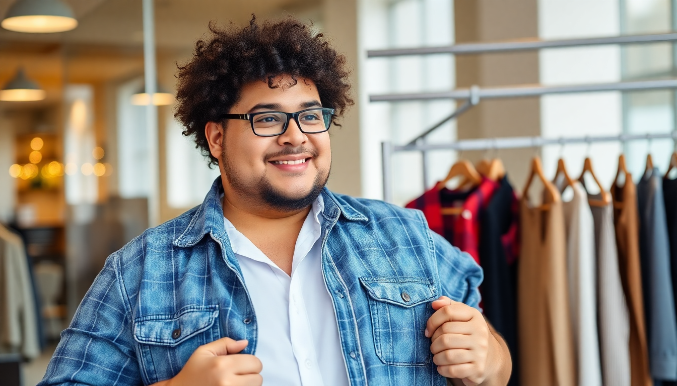 A plus size person man choosing stylish clothing confidently