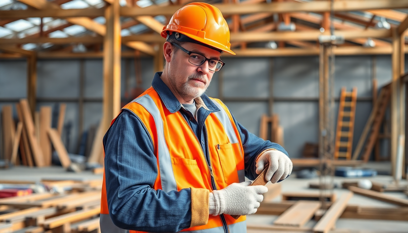Handwerker in robuster Übergrößen-Arbeitskleidung auf der Baustelle