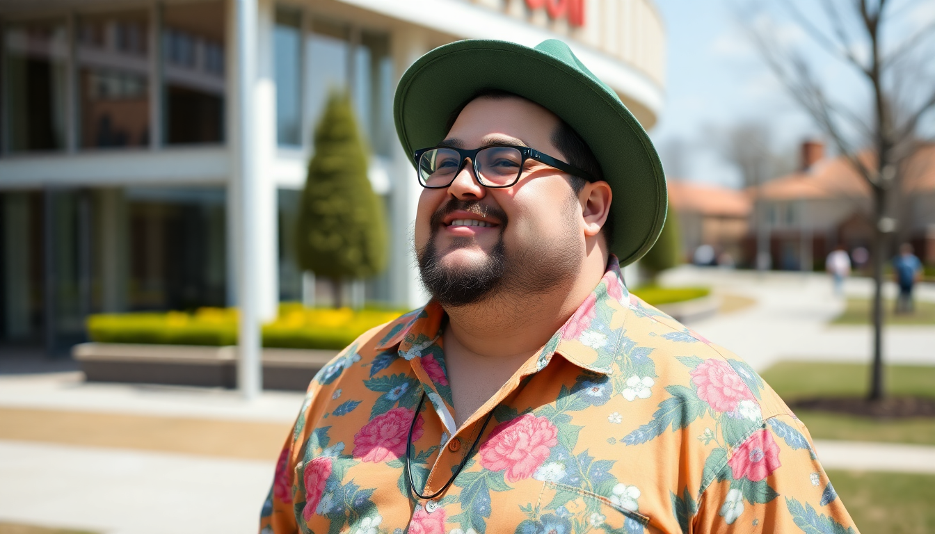 Plus size man wearing colorful spring outfit outdoors