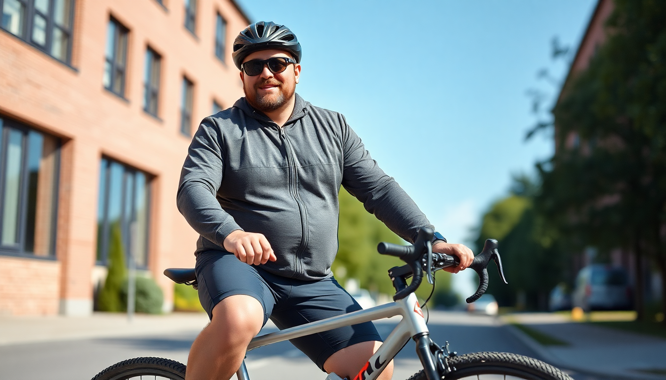 Plus size man cyclist wearing comfortable stylish gear