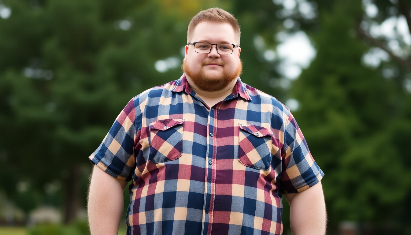 A plus-size man wearing a short-sleeve flannel shirt full