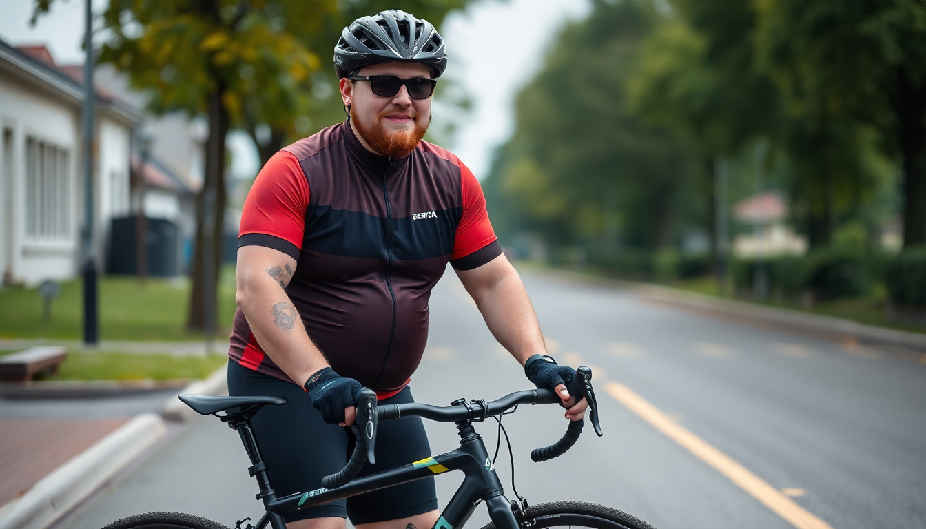A plus size cyclist wearing comfortable cycling clothes