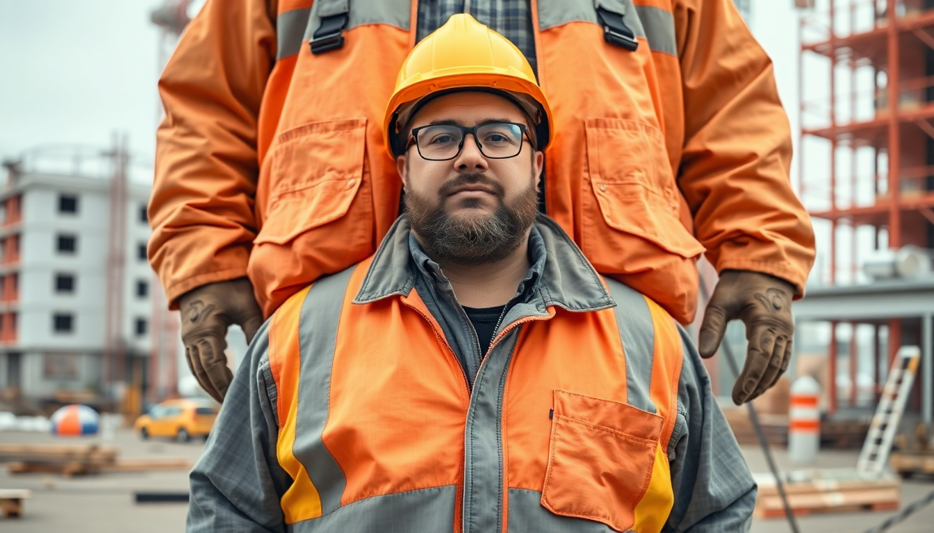 A super size man wearing durable oversized work clothes on a construction site