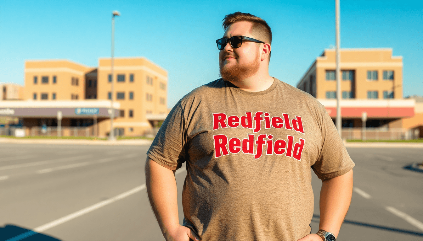 A plus-size man wearing a stylish Redfield T-shirt