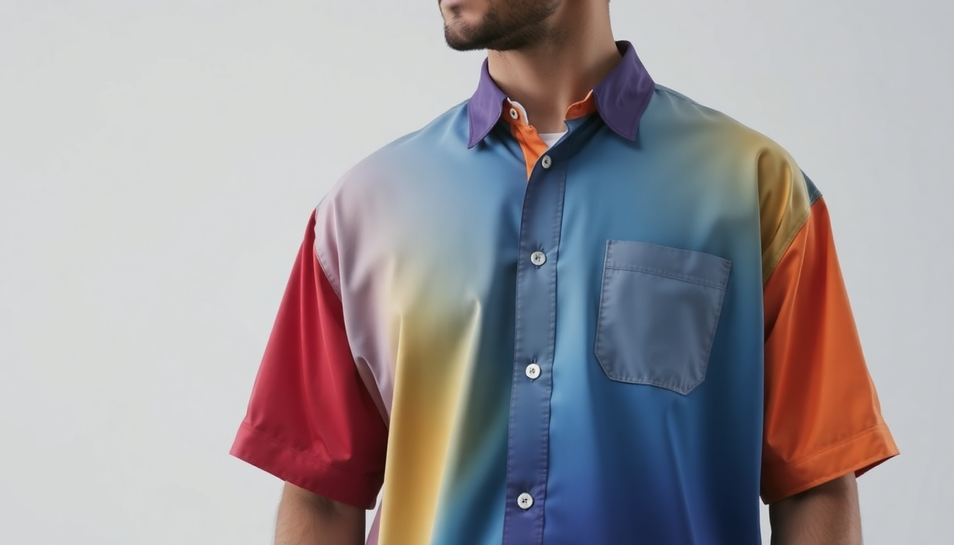 A man wearing a colorful oversized short sleeve shirt