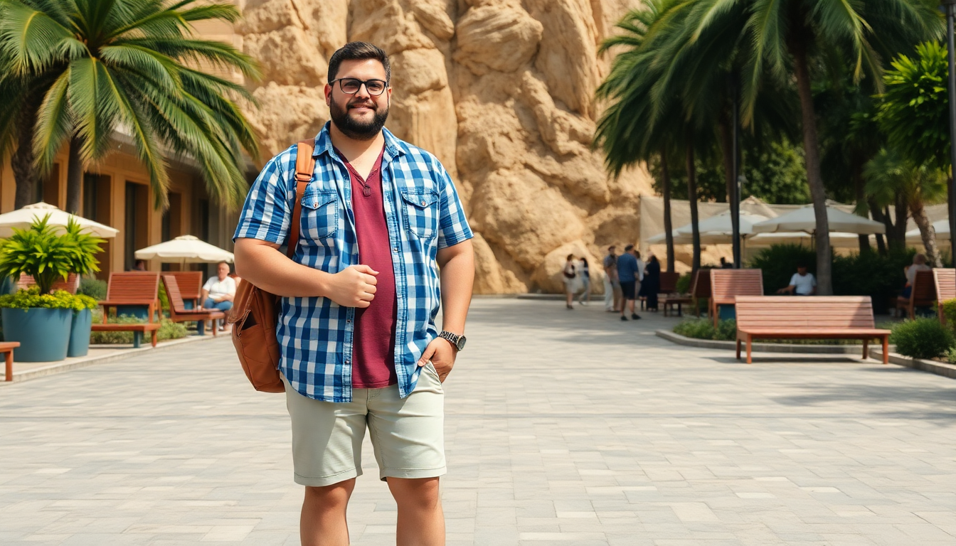 Plus size man comfortably dressed for summer travel