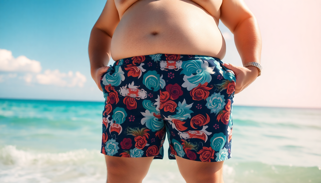 Plus size men confidently wearing stylish swim trunks