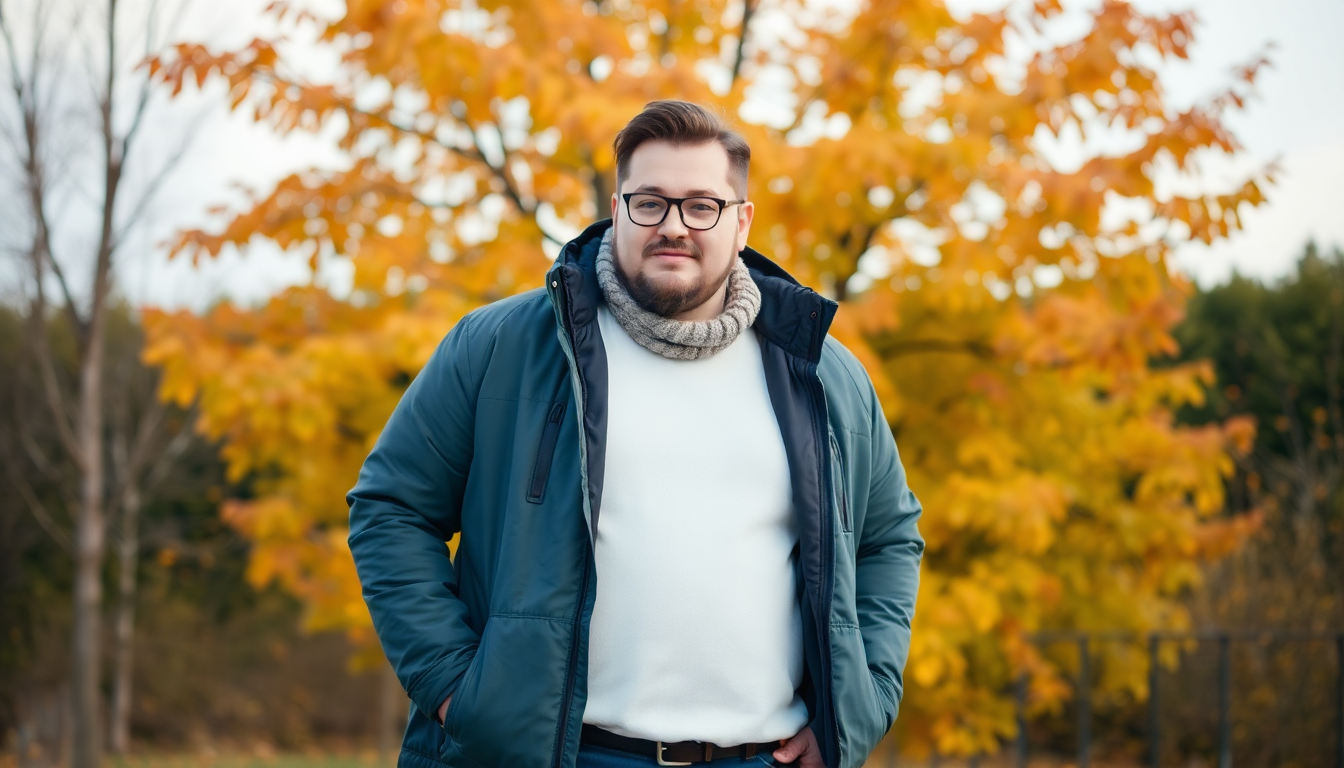 A stylish plus-size man in autumn fashion outdoors