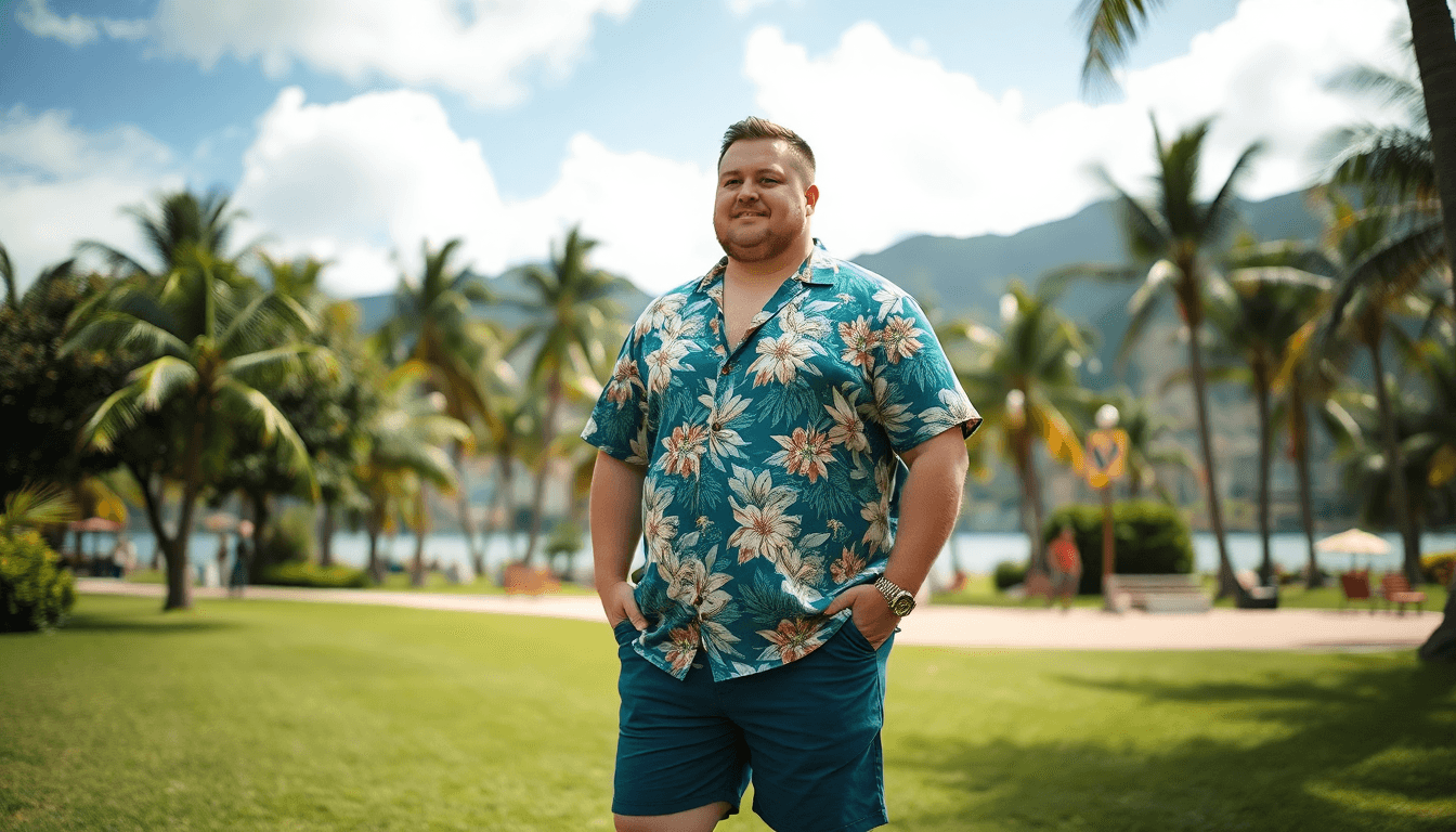 Mann trägt buntes Hawaii Hemd im Freien vor Palmen und Bergen Hawaii Hemden große Größen kaufen