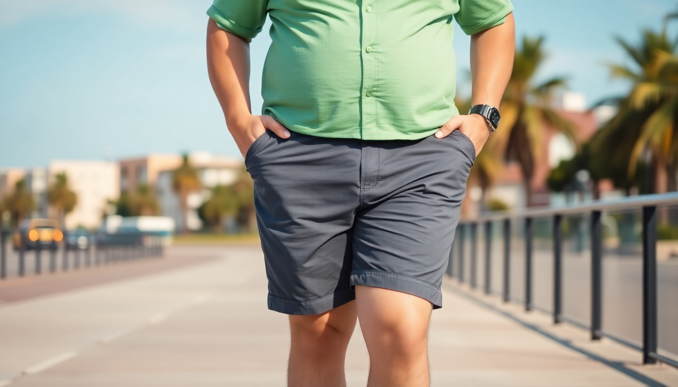 A confident plus-size man wearing stylish shorts outdoors