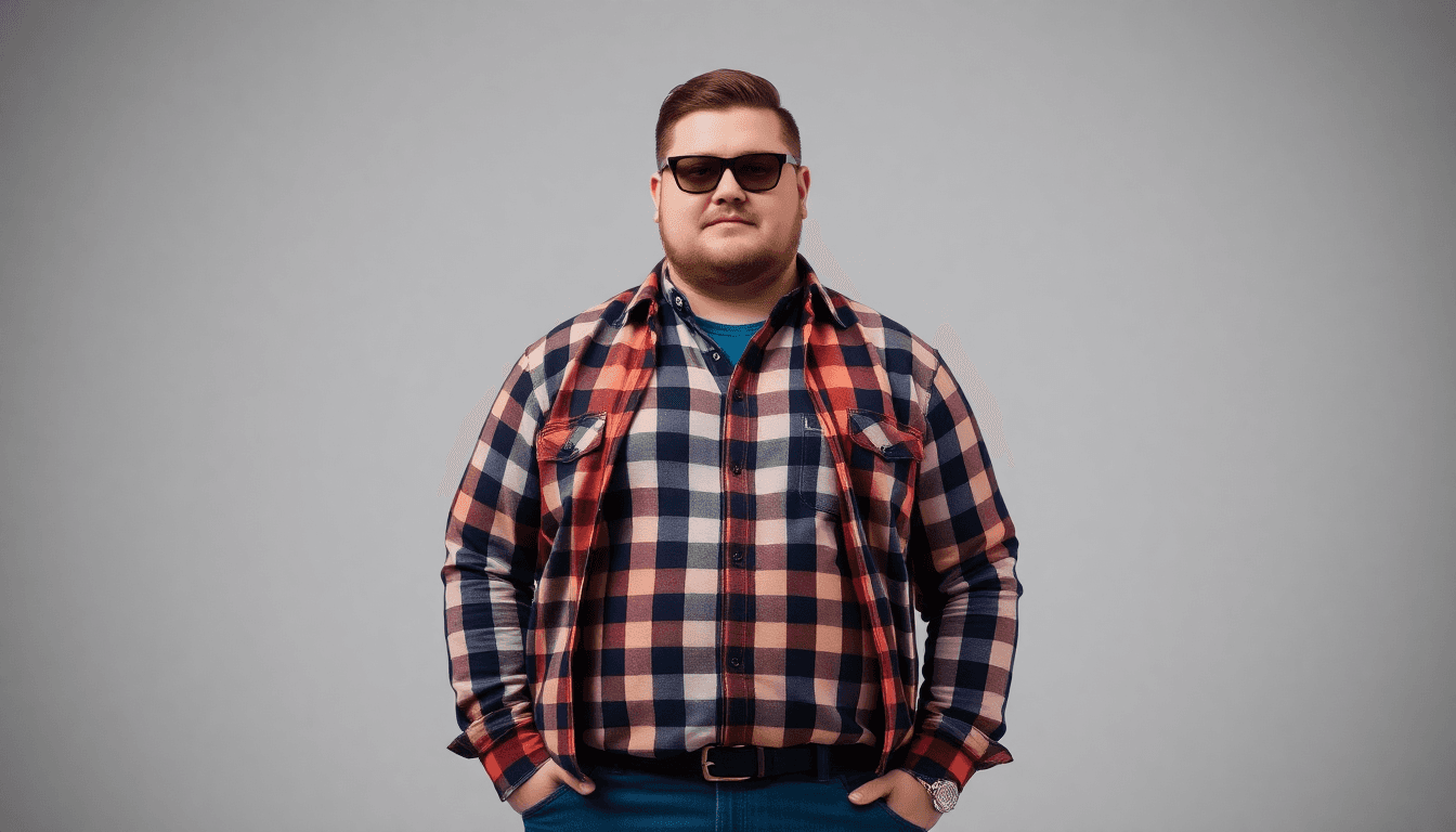 Mann trägt stylisches Karo Hemden Übergröße Herren in Rot und Blau vor neutralem Hintergrund