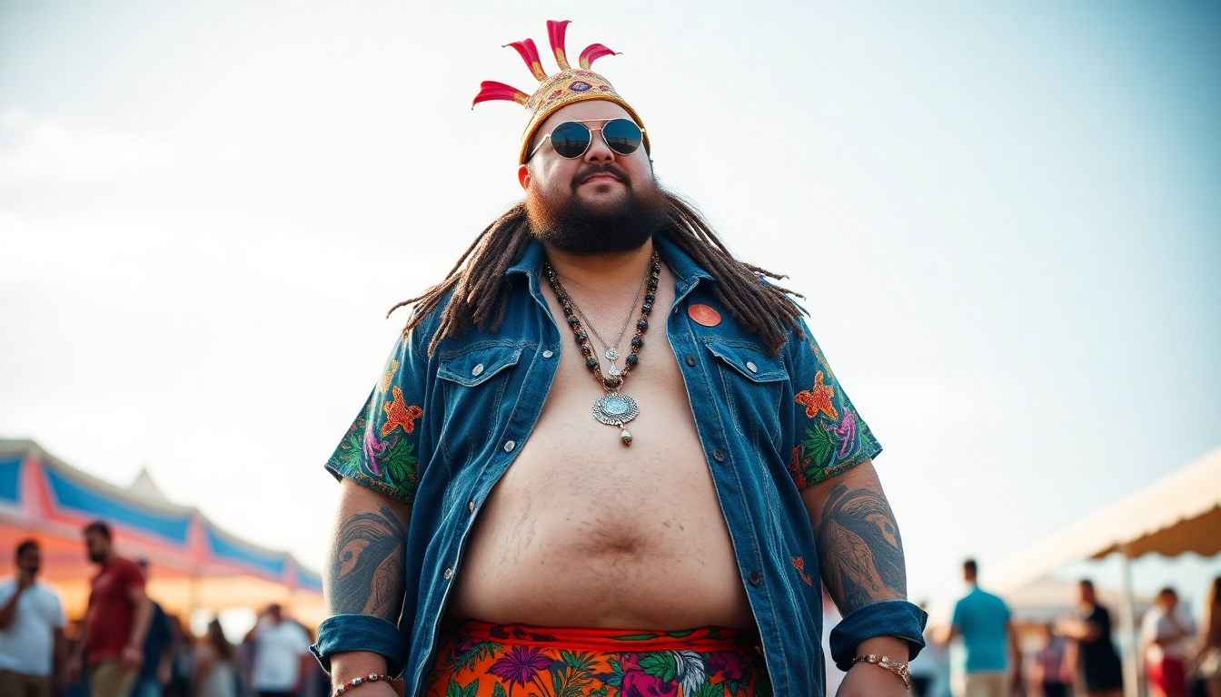 A plus-size man wearing a stylish festival outfit