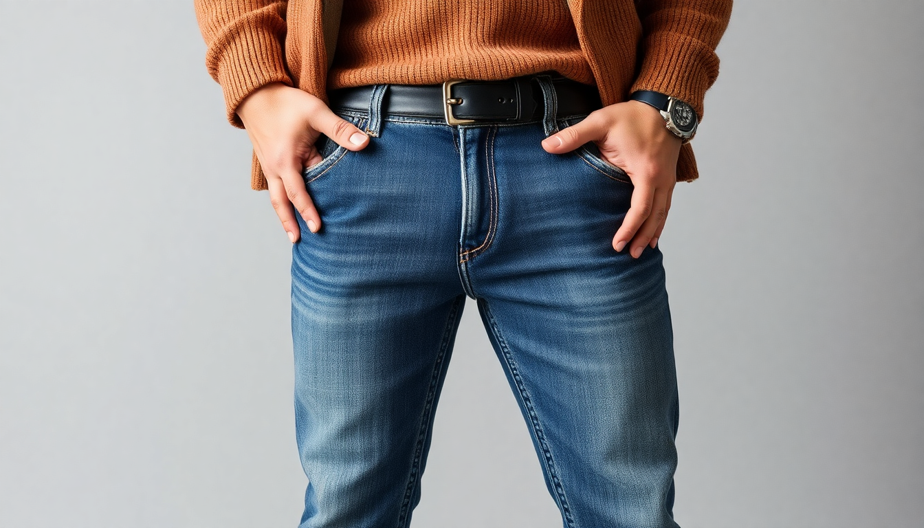 Oversize Mann trägt bequeme Stretch-Jeans in großer Größe