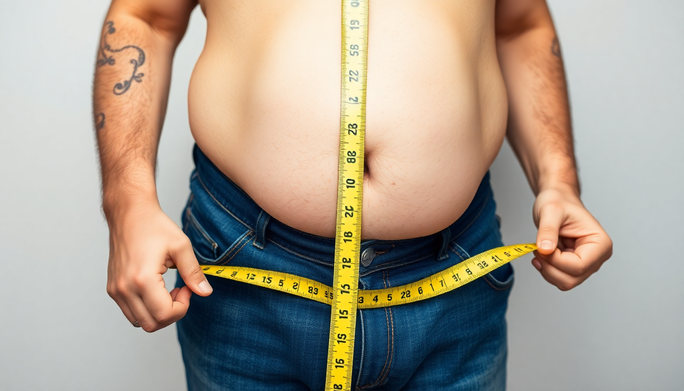 a Super Size Man measuring waist size with a tape measure