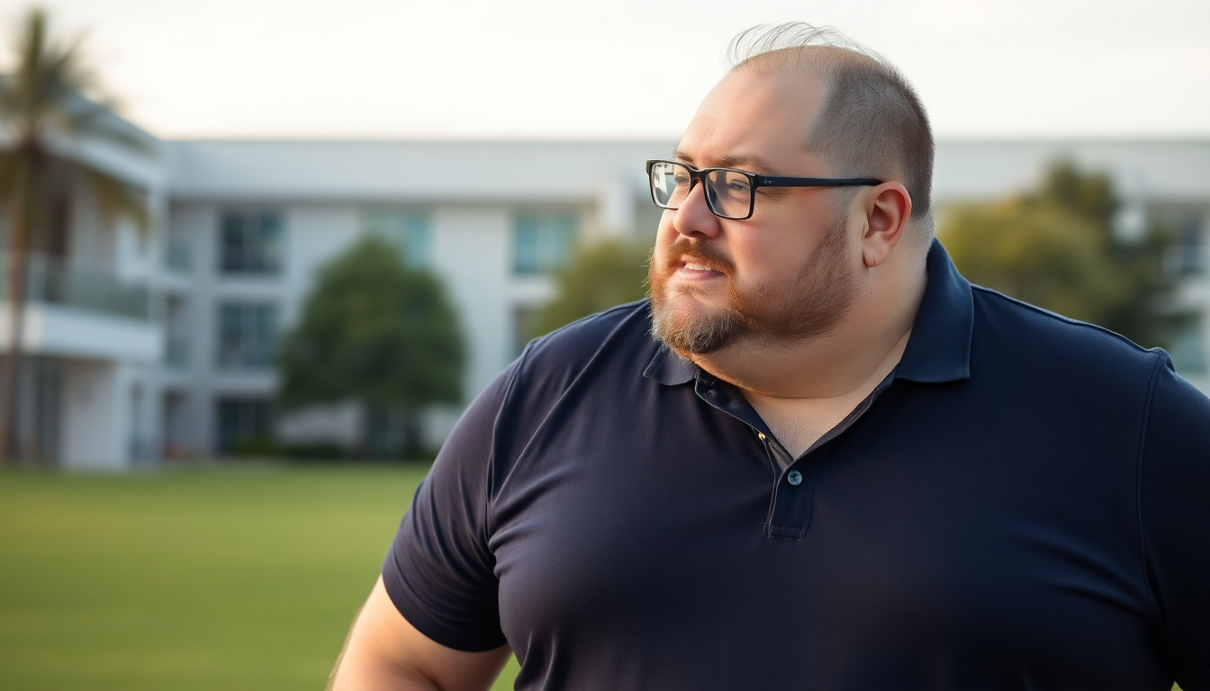 A stylish super size man wearing a large size polo shirt