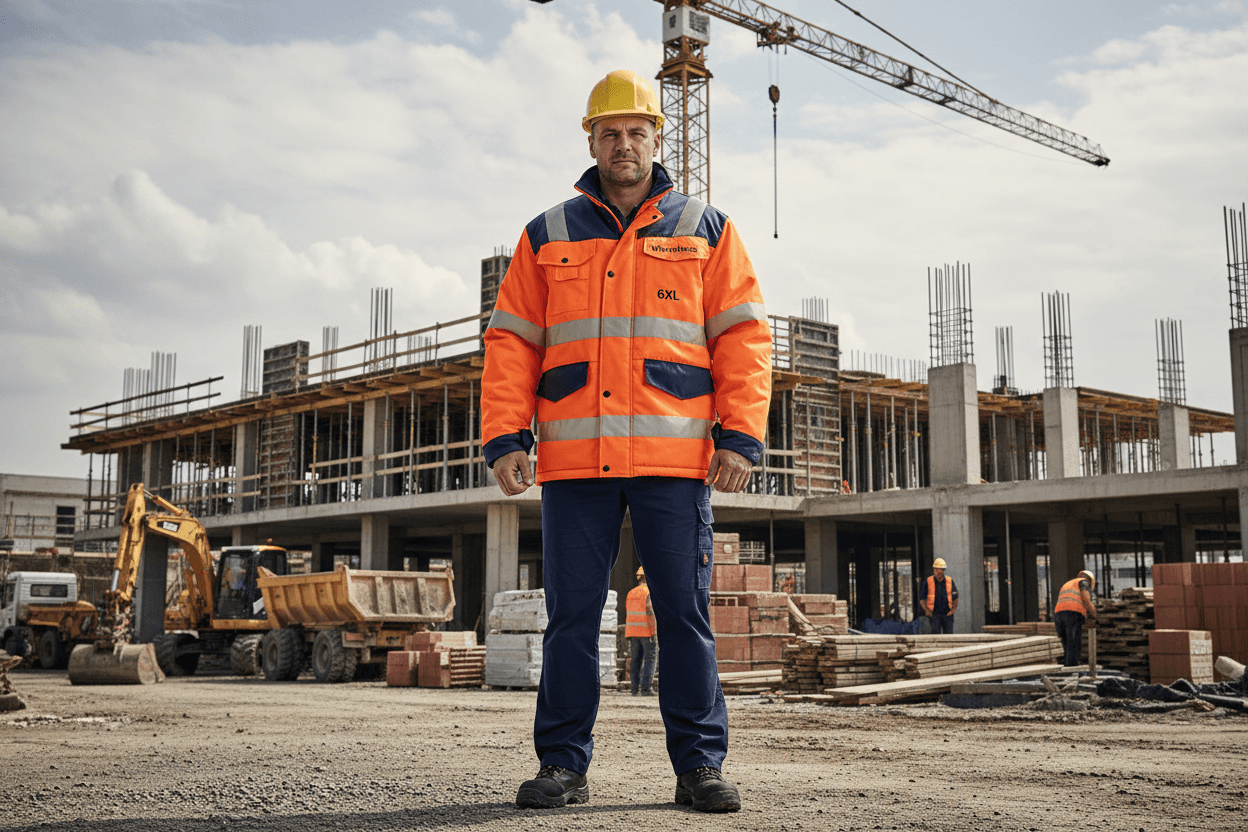 Bauarbeiter trägt Warnschutzjacke Übergröße Herren auf einer Baustelle mit Kran und Baumaterial im Hintergrund