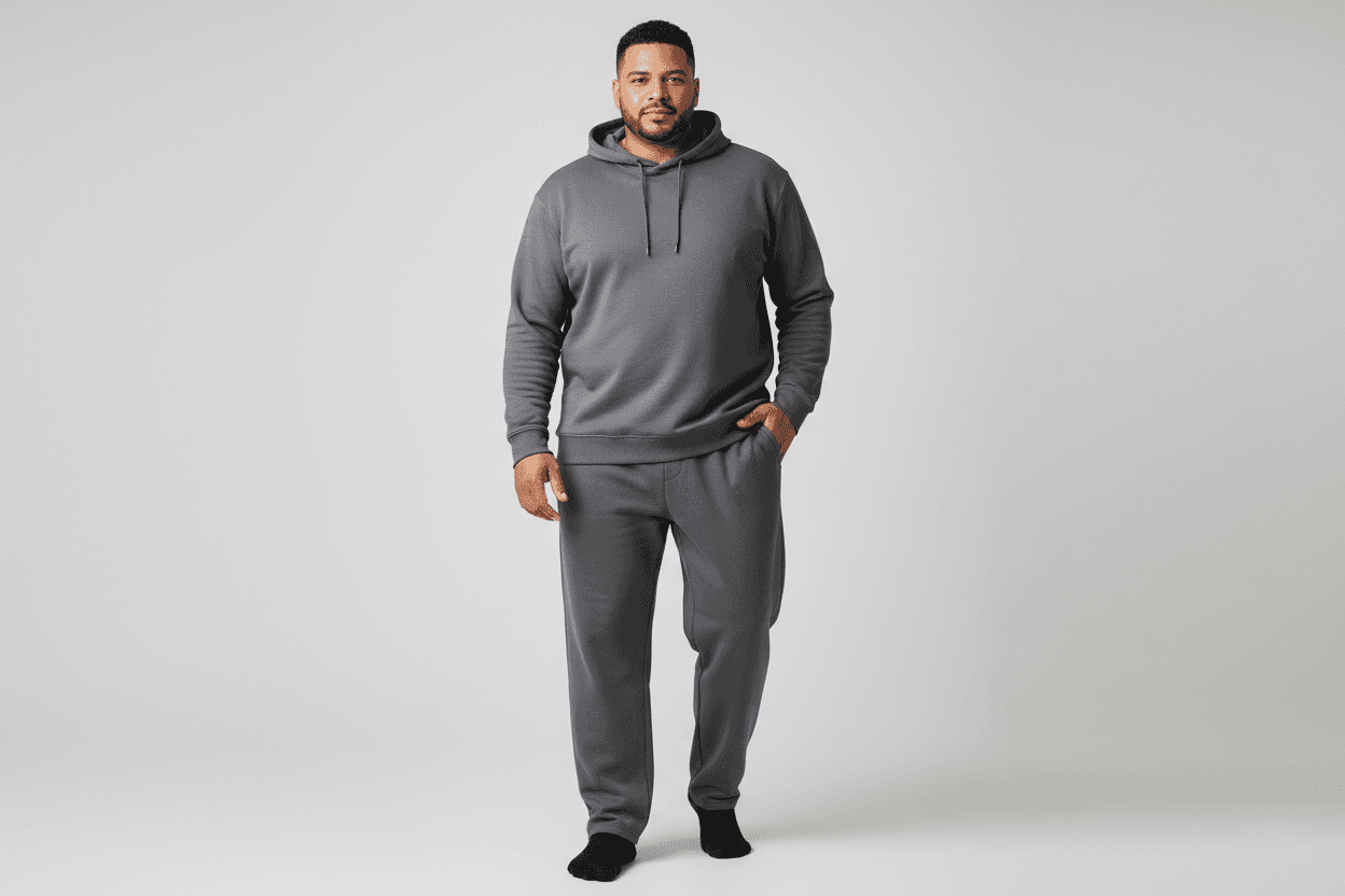 Mann trägt graue Jogginghosen in Übergröße Herren zusammen mit passendem Hoodie vor neutralem Hintergrund