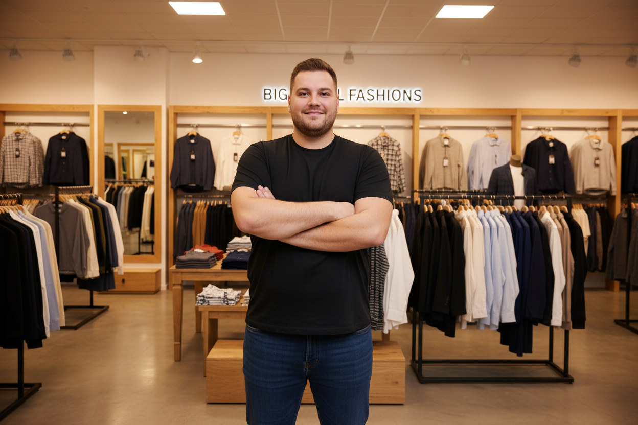 Junger Mann steht in einem Geschäft für Herrenmode Übergröße kaufen mit verschiedenen Oberteilen und Jacken