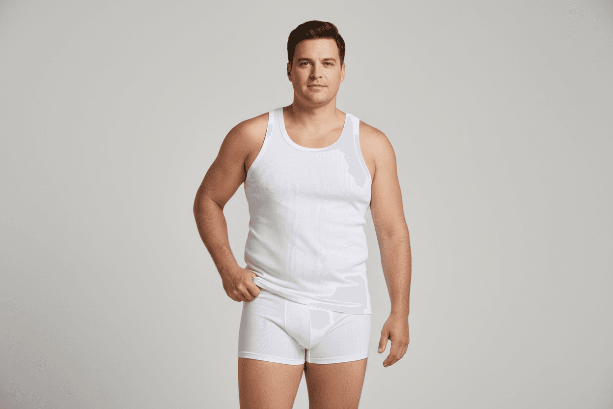 Feinripp Unterwäsche Übergröße Herren mit weißem Tanktop und Boxershorts in Übergröße