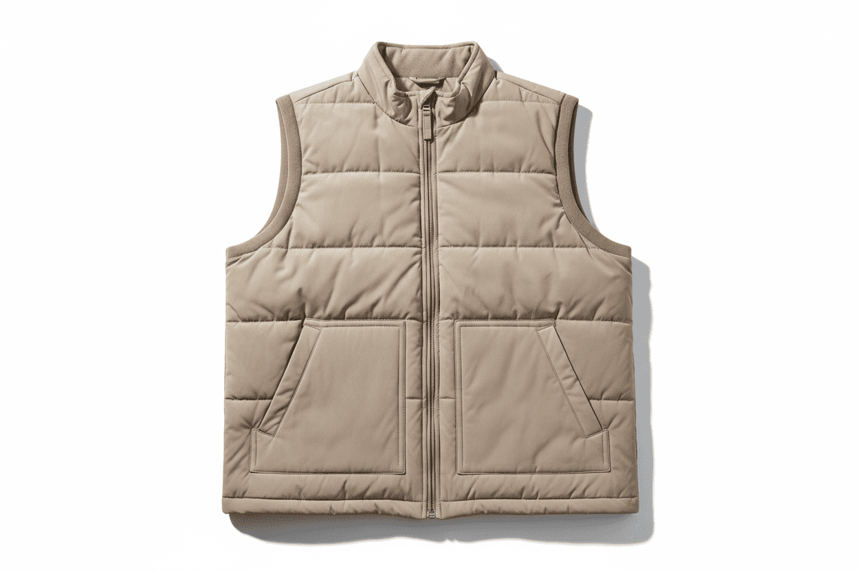 Beige wattierte Weste aus der Kollektion Westen in Übergrößen für Herren mit Reißverschluss und Taschen