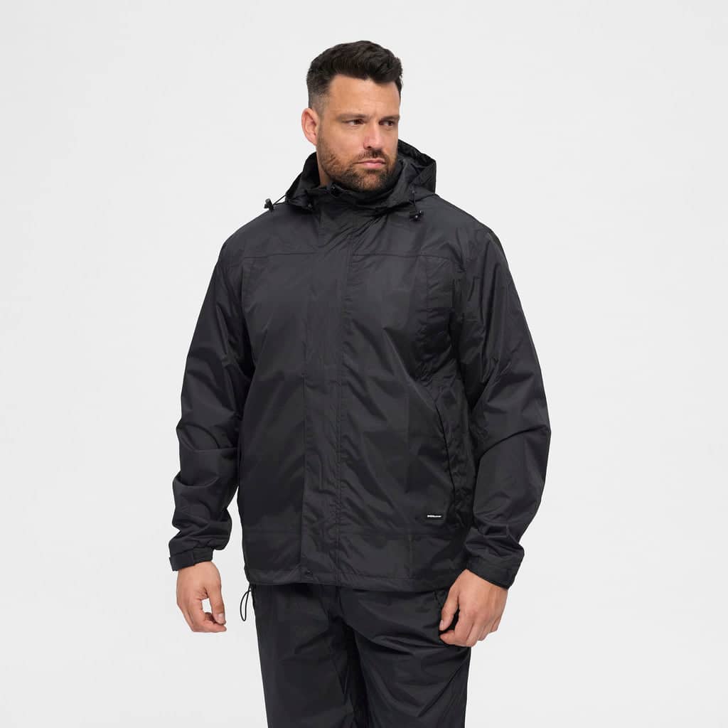 Outdoor Kleidung Übergröße Herren schwarze wasserabweisende Jacke mit Kapuze und praktischem Design