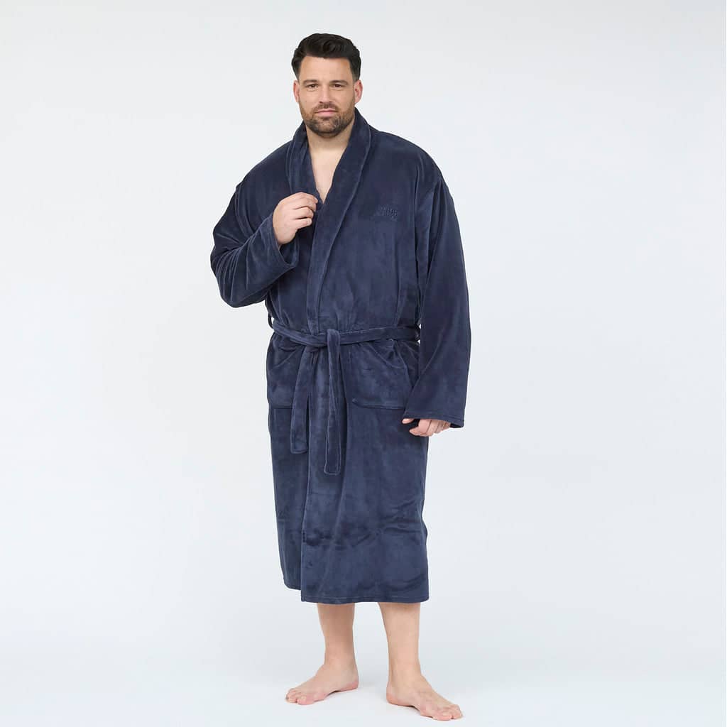 Bademantel in Übergröße von BigTiger Allsize in Dunkelblau für Herren mit Bindegürtel und Taschen