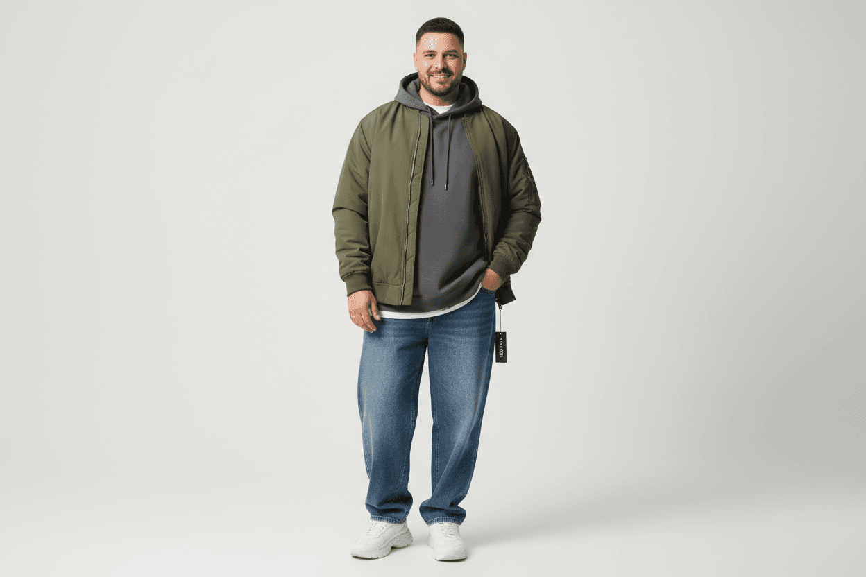 Modisches Outfit mit Allsize Herrenbekleidung online in Übergröße bestehend aus olivgrüner Jacke, grauem Hoodie und Jeans