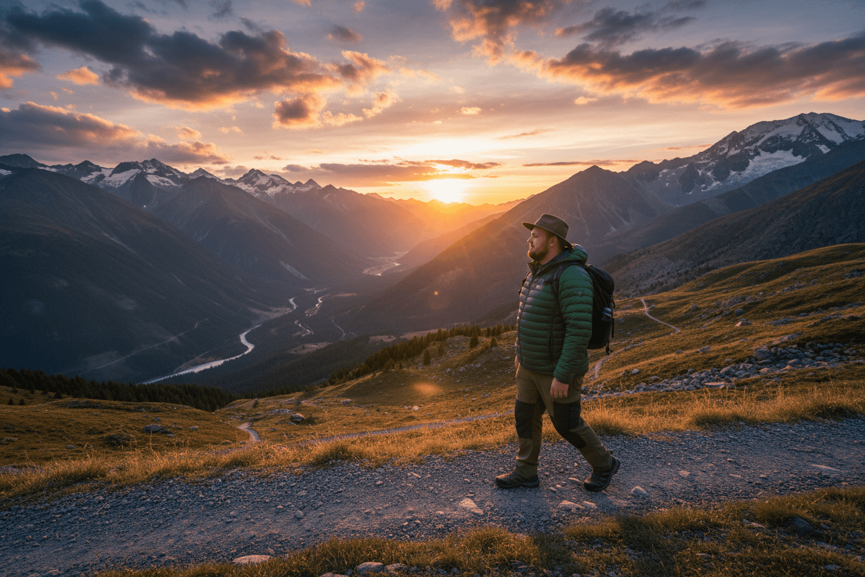 Mann wandert in herrenmode große größen durch Berglandschaft bei Sonnenuntergang mit Outdoor-Bekleidung
