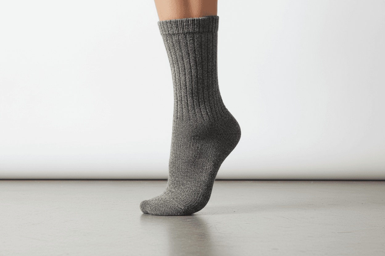 Graue Socken in Übergröße an einem Fuß, hochwertige Stricksocken bequem und robust, Socken in Übergröße kaufen