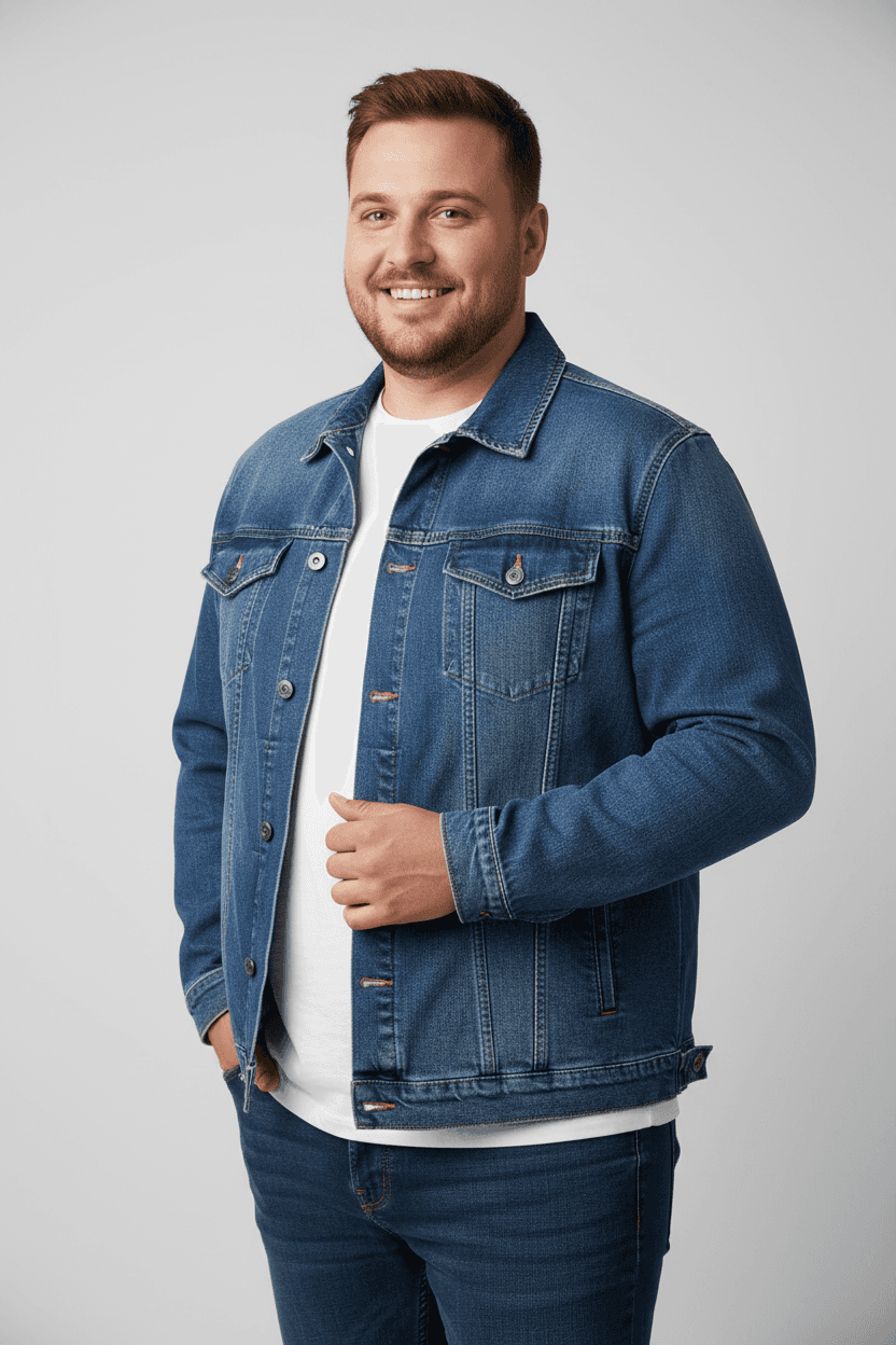 Männliches Modell trägt Jeansjacken in Übergröße Herren in klassischem Blau mit weißem T-Shirt