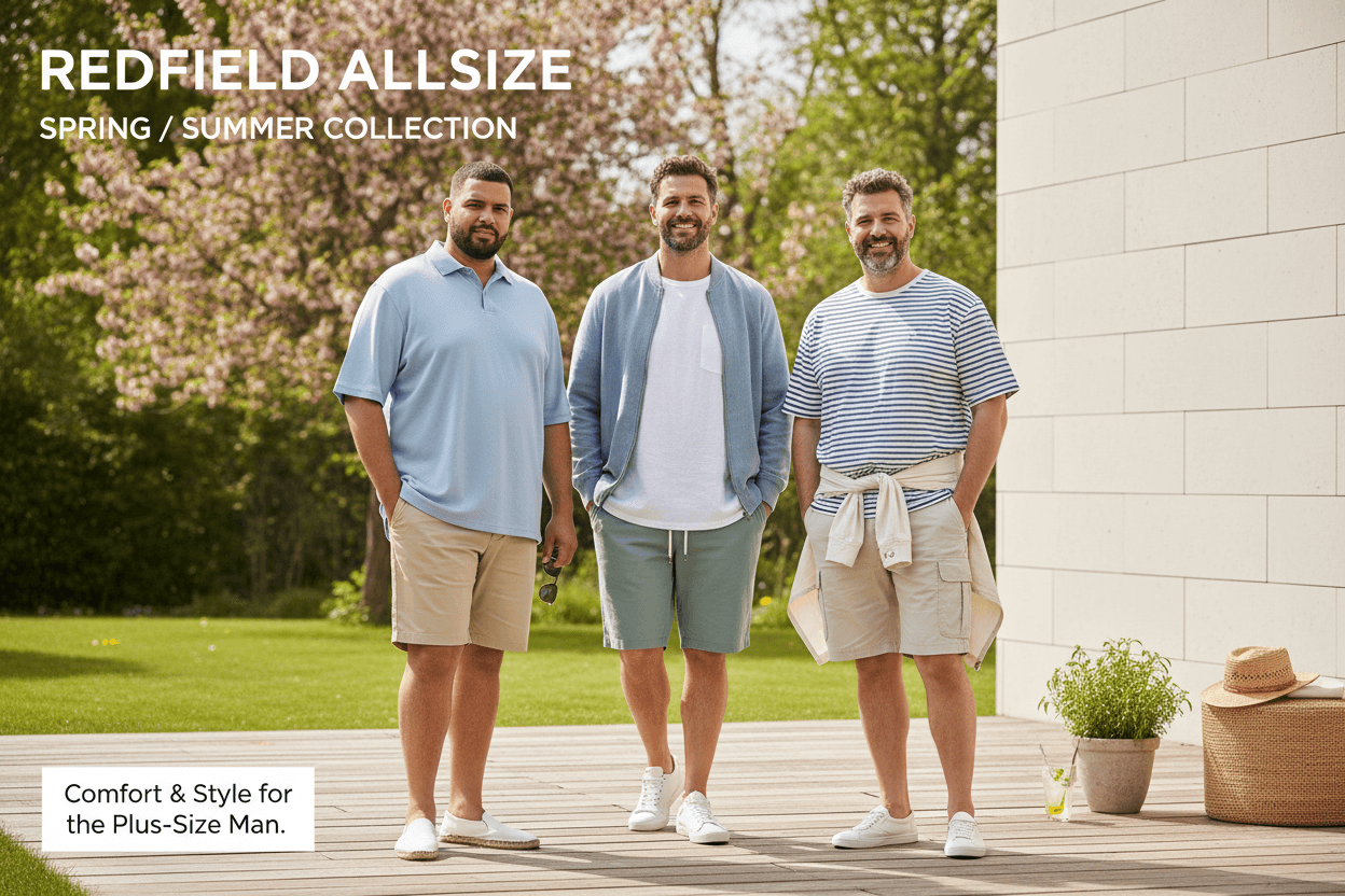 Drei Männer in lässiger Herrenmode Übergröße Frühling Sommer mit Shorts und leichten Oberteilen im Freien