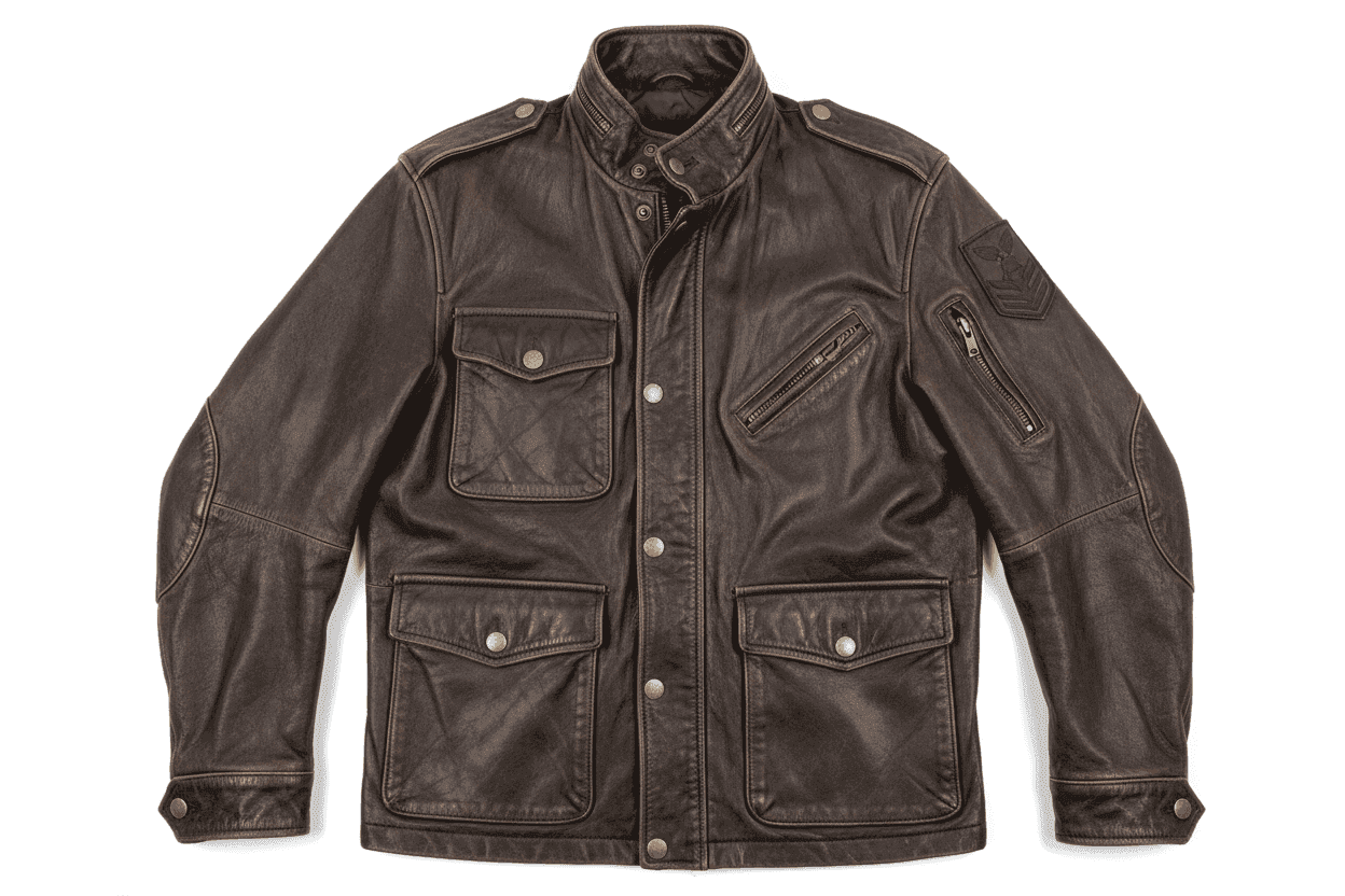 Dunkelbraune Lederjacke in Übergröße mit Taschen und Reißverschlüssen von Allsize