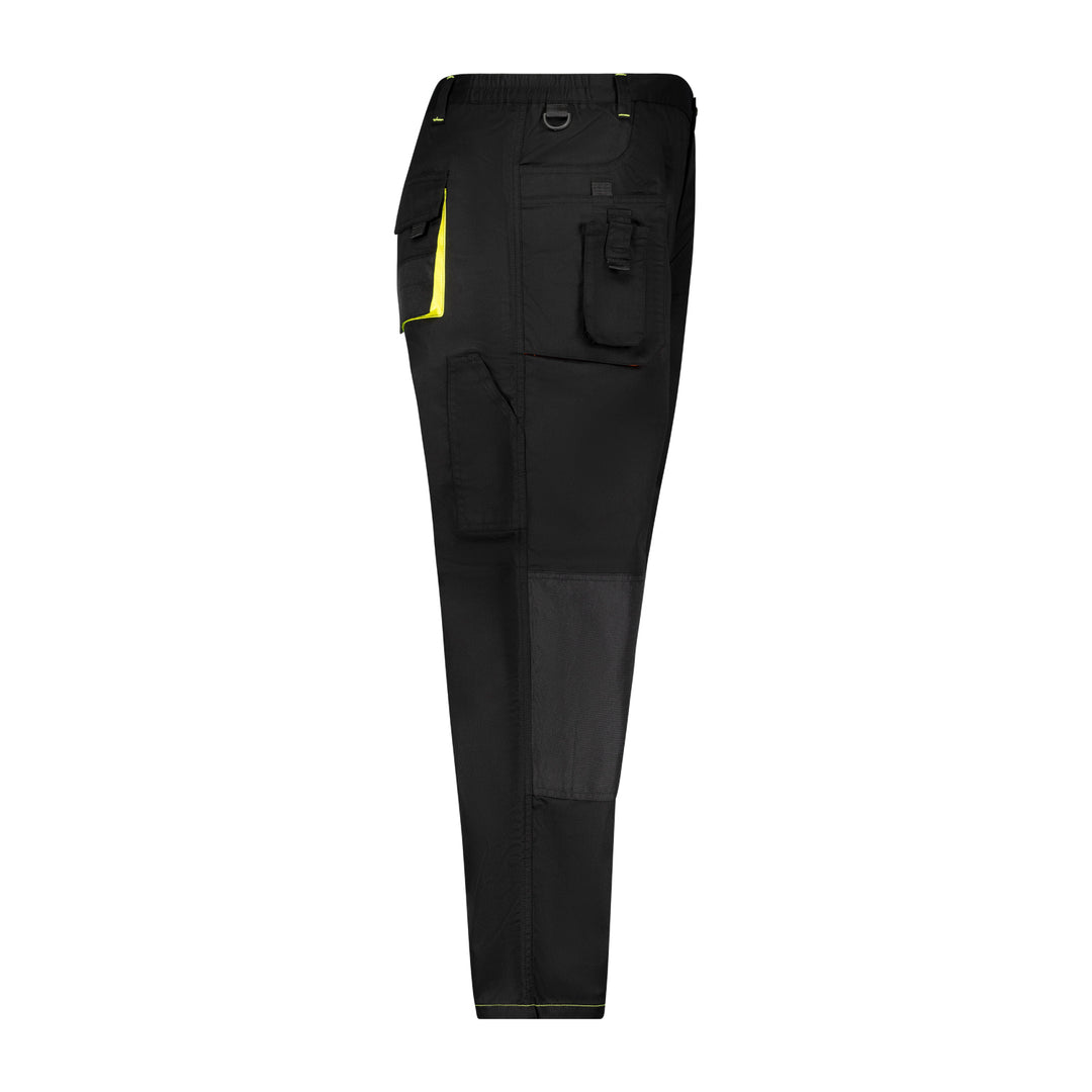 Schwarze Herren-Arbeitshose mit seitlicher Tasche und gelb abgesetzten Details