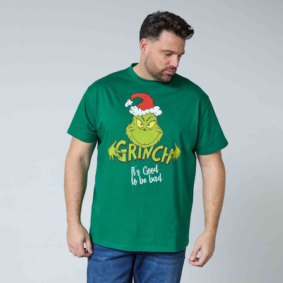 Grünes Herren-T-Shirt mit Grinch-Print vorne, „It’s Good to be bad“