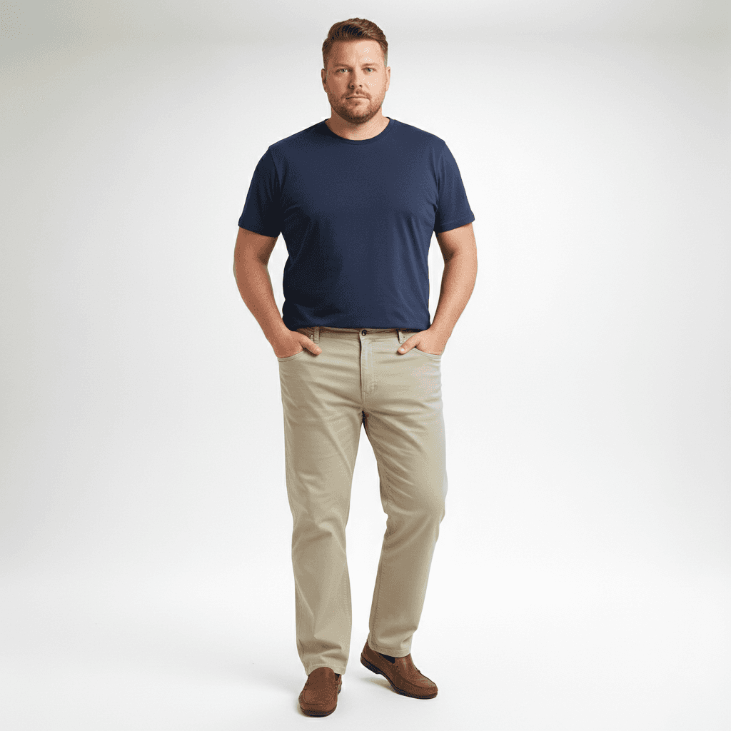 Mann trägt beige Basic jeanshose von BigTiger kombiniert mit blauem T-Shirt und braunen Schuhen