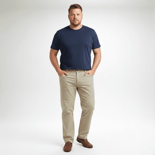 Mann trägt beige Basic jeanshose von BigTiger kombiniert mit blauem T-Shirt und braunen Schuhen