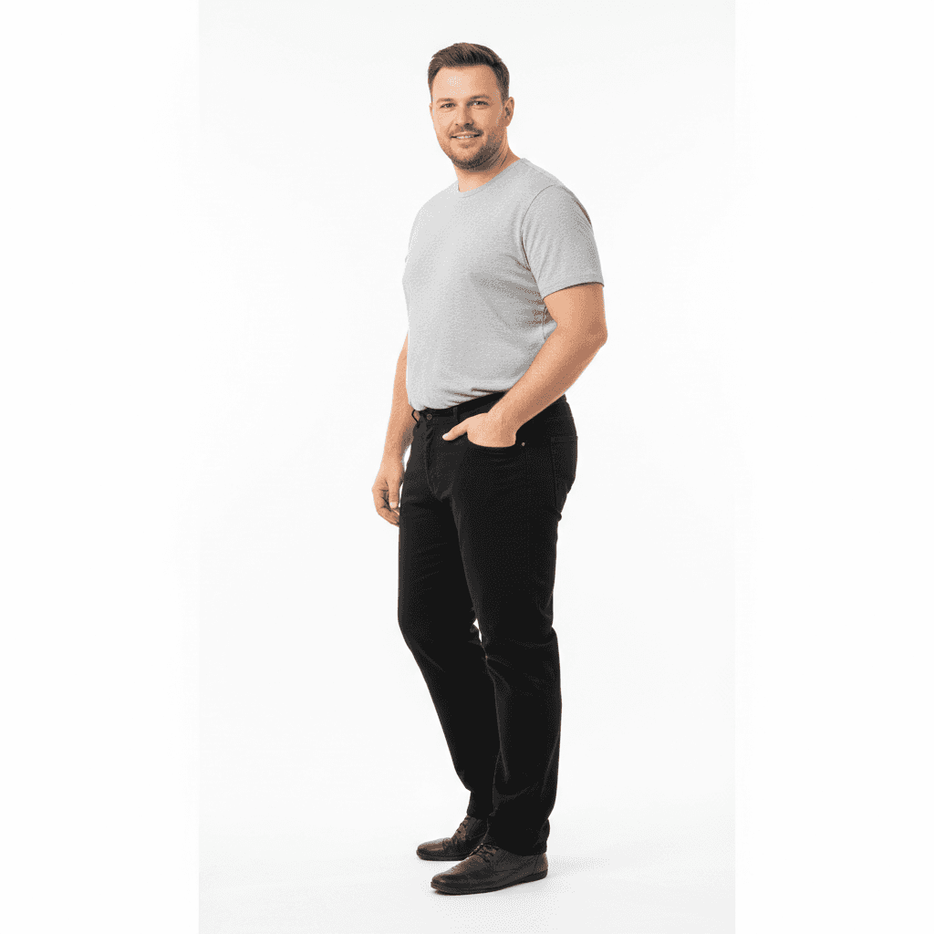 Mann trägt schwarze Basic jeanshose von BigTiger mit grauem T-Shirt und braunen Schuhen