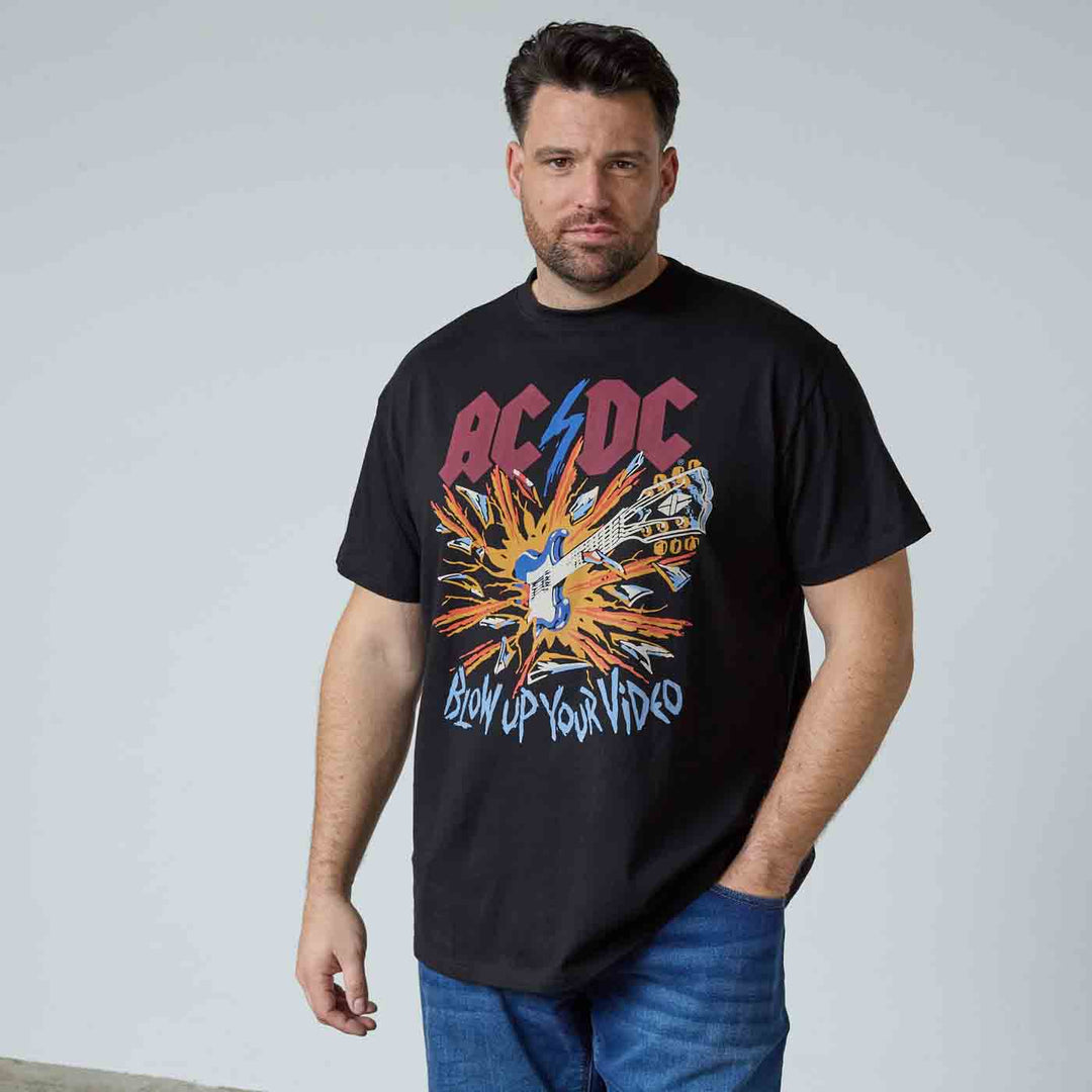 AC/DC T-Shirt Herren Übergröße schwarz mit buntem Gitarren-Print und Blow Up Your Video Aufdruck